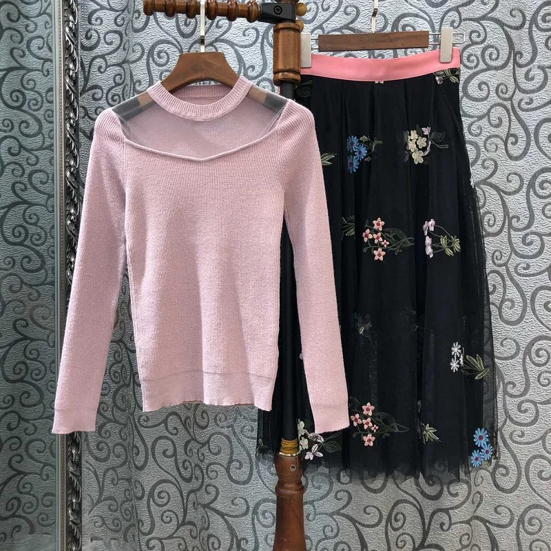 Женский свитер наивысшего качества 2019 Осенняя зимняя вязаная одежда женские сексуальные розовые пуловеры + люкс вышивка длинная юбка из