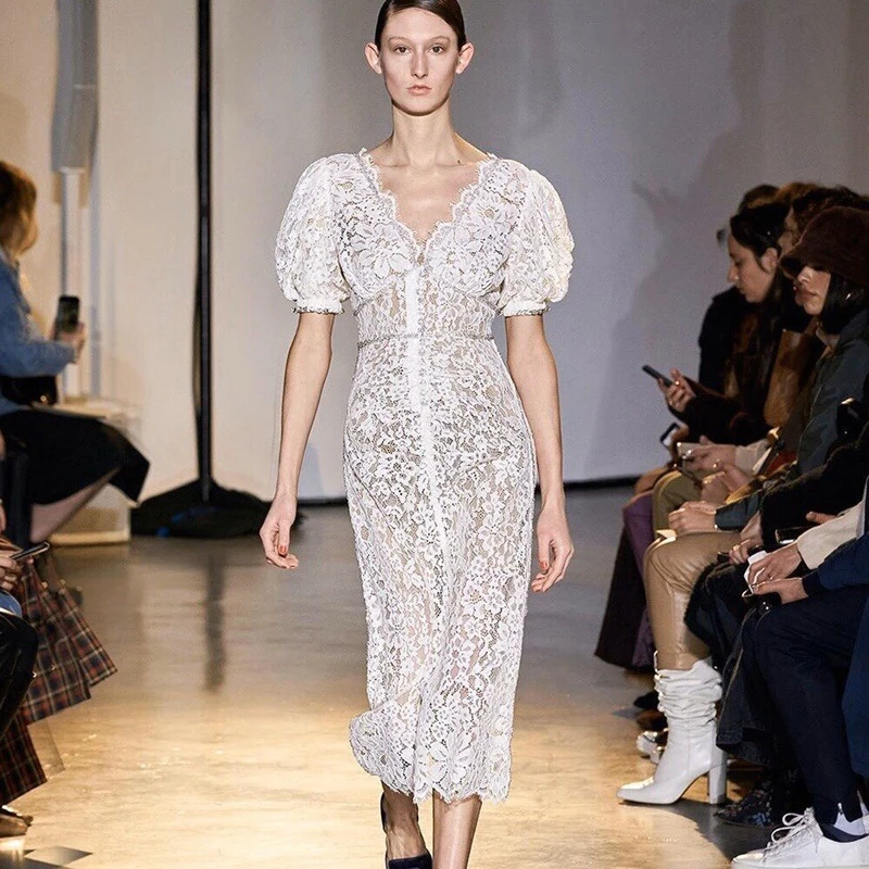 

Runway Designer Beaded Sexy V-Neck Short Sleeve Party Elegant Temperament Slim Lace Dress High Quality Women'S Clothing New