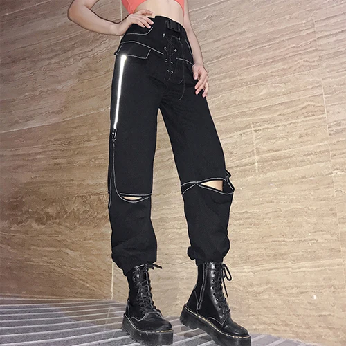 Black Mnealways18 модные черные выдалбливают брюки повседневные с поясом на шнуровке женские брюки с высокой талией брюки карго уличная одежда - Цвет: Black