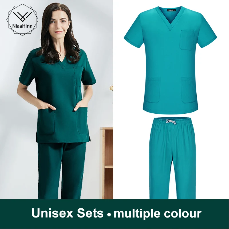 V-neck Short Sleeves Tops with Elastic Waisted Long Scrub Pants Spa Uniforms Unisex Adults Beauty Scrubs Costume Uniform Suits |