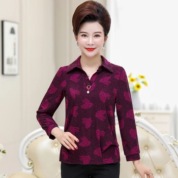 

Turn-Down Collar Print T Shirts For Women Long Sleeve Tshirt Spring Fall Plus Size Middle Age Mother Tops Female Loose Pullover