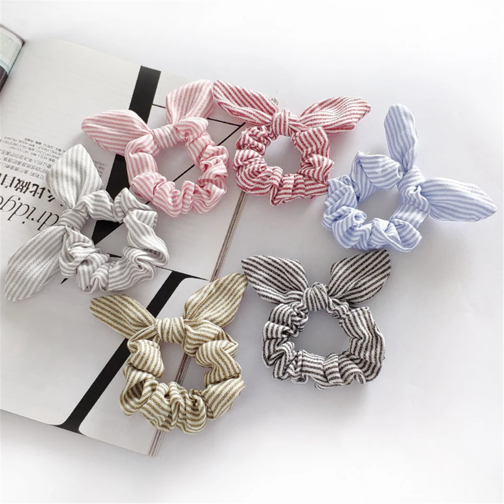 

1pc Rabbit Ear Hair Scrunchies Women Elastic Gum Hair Rope Striped Bow knot Ponytail Holder Tie Women's Headwear