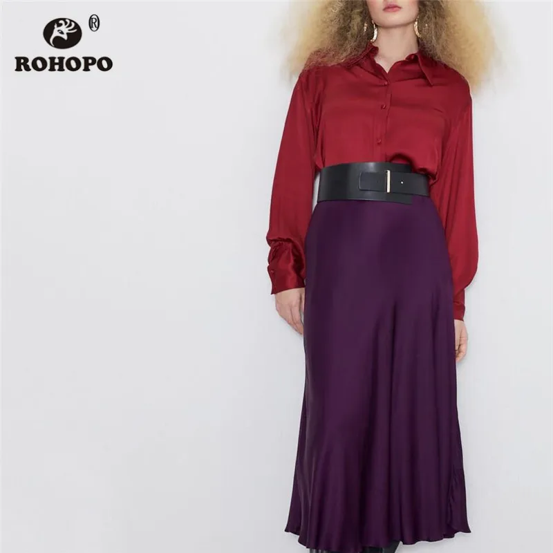 

ROHOPO Puff Long Sleeve Stain Red Blouse Turn Down Collar Buttons Closure Soft Silky Solid Elegant Autumn Tops Shirt #6220
