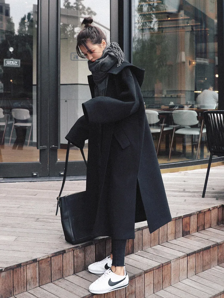 Новая зимняя куртка женская с капюшоном черная Длинная шерстяная куртка однобортная Женская шерстяная смесь пальто с большими карманами верхняя одежда