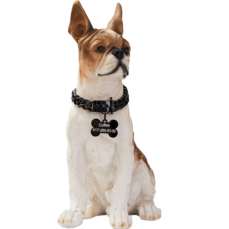 

19MM 304 Stainless Steel Dog Chain Collar And ID Tag Bone pendant Super Strong Dog Metal Collar Choke Black Pet Lead Rope