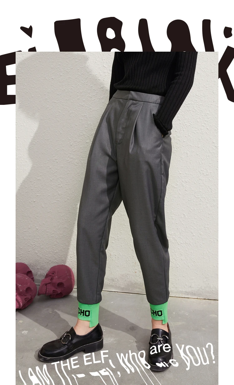 ELFSACK Solid Minimalist Straight Casual Women Harem Trousers,2020 Autumn ELF Colorblock High Waist Korean Ladies Daily Bottom