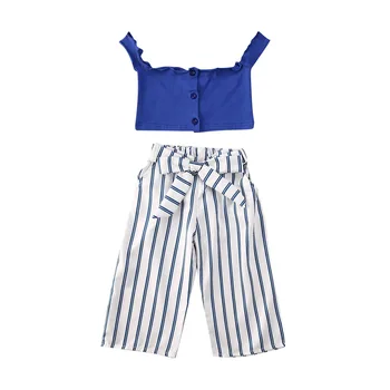 

1-6Y Summer Toddler Baby Girls Clothes Sets Blue Sleeveless Button T Shirts Tops+Striped Long Pants 2pcs