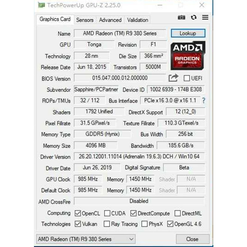 Оригинальные видеокарты SAPPHIRE R9 380 4 Гб видеокарты GPU AMD Radeon R9380 4 Гб видеокарты двойной биос Настольный ПК Компьютерная карта не майнит
