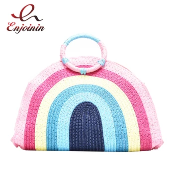 

New Design Rainbow Style Handmade Straw Women Fashion Purses and Handbags Holiday Shopping Bag Female Casual Desiner Bags