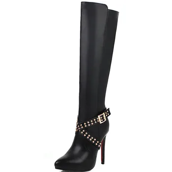 

NASBAVI new fashion style contracted Tide Girl Boots British Style zipper overheight heel Rivets belt buckle winter long boot