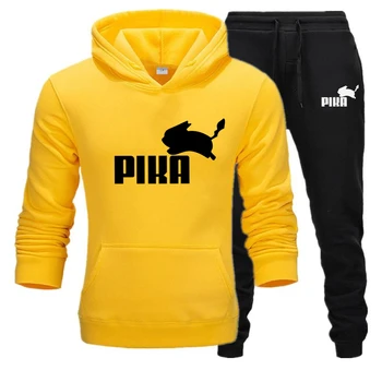 

2019 New Brand Men's Pullover Hooded Autumn/Winter Men's Sets Harajuku Anime PIKACHU Hoodies +sweatpants Two Pieces Set S-3XL