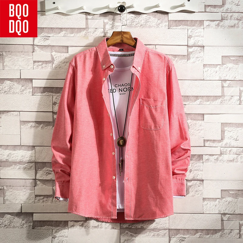 

BQODQO Black Slim Fit Autumn Shirt Men Solid Color Long Sleeve Cargo Casual Shirts Pocket Oxford Twill Blouse Cotton Fashion NEW