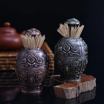 

Automatic Pop-Up Toothpick Holder Push-Type Toothpick Container Metal Retro Toothpick Storage Box with Beer Opener at Bottom