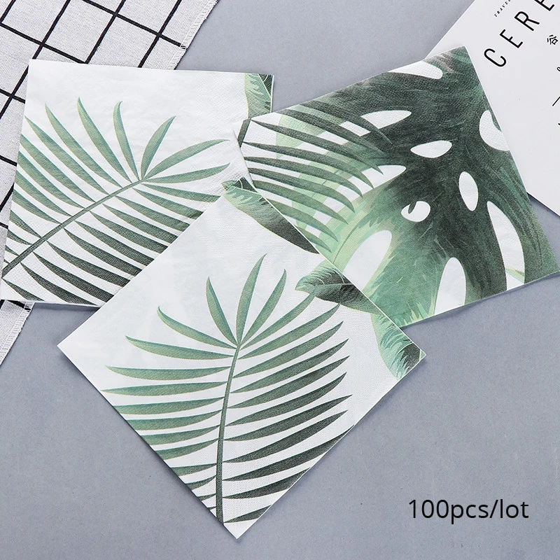 

100pcs/lot Tropical Print Monstera Leaves Plant Paper Napkins Disposable Bachelorette Party Supplies Tissue Serviettes Green