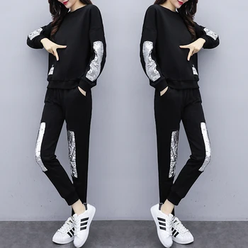 

Large size casual 2 Piece Sets Women's sequins embroidery splicing Plus Size Sweatsuit Tops and Pants Two Piece Sportsuits