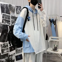 

Summer Hooded Long Sleeve Men T Shirts Japanese Fashion Branded Loose Thin Pullovers Spliced Hit Color Oversized Streetwear Tops