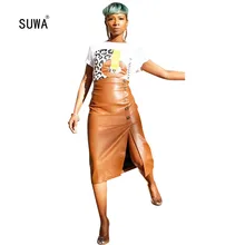 Классическая уличная одежда, женские юбки, чистый цвет, кожа, высокая талия, на пуговицах, с разрезом сбоку, тонкие юбки до середины икры