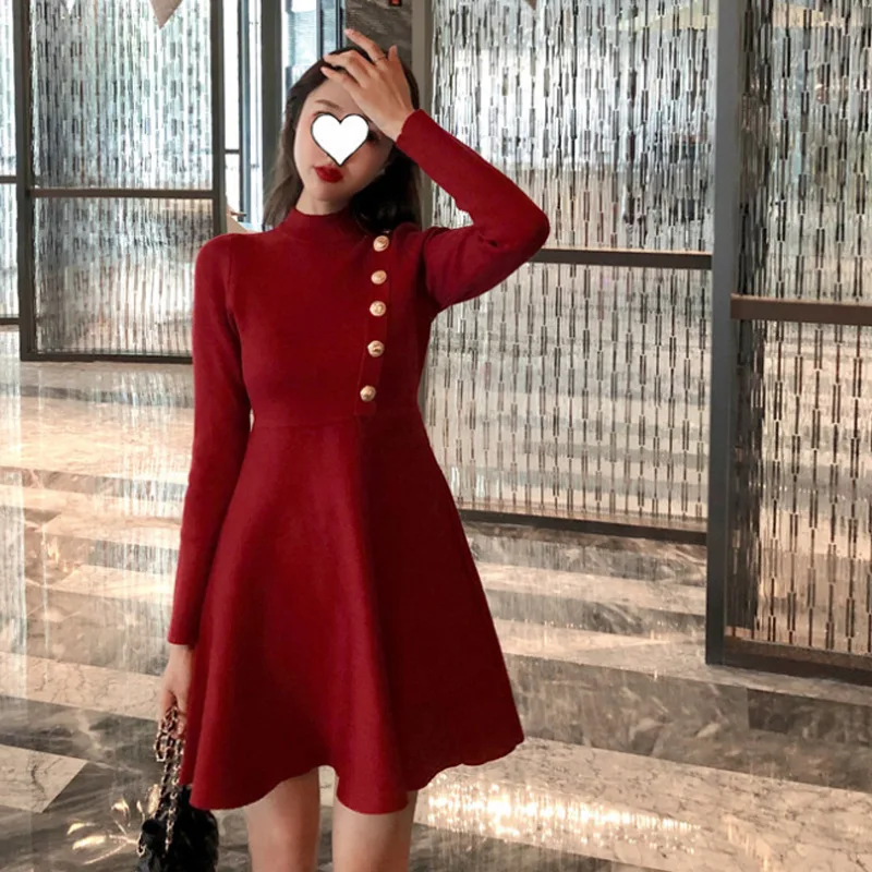 

Victoria French Retro Sweater Dress Autumn And Winter France Non-mainstream Waist Hugging Red Jersey Dress 2019 New Style