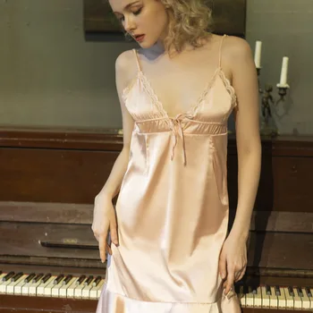 

Women Sexy Housewear Fashion Lotus Leaf V-neck Backless Pajama Dress Lingerie Nightgown Collar Lacesatin Bodydoll Sleepwear