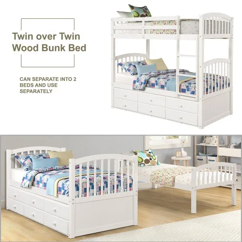 Twin Bunk Bed With Ladder Safety Rail Twin Trundle Bed With 3 Drawers For Kids, Teens Bedroom Guest Room Furniture Children Beds