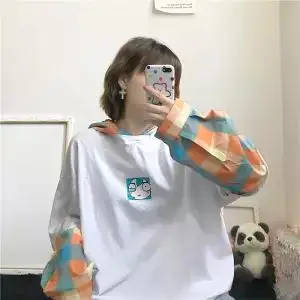 1 Милый принт Толстовка для женщин Kawaii Harajuku с капюшоном топы женские осенние толстовки с длинным рукавом О-образным вырезом модный клетчатый Анорак уличная одежда - Цвет: 1