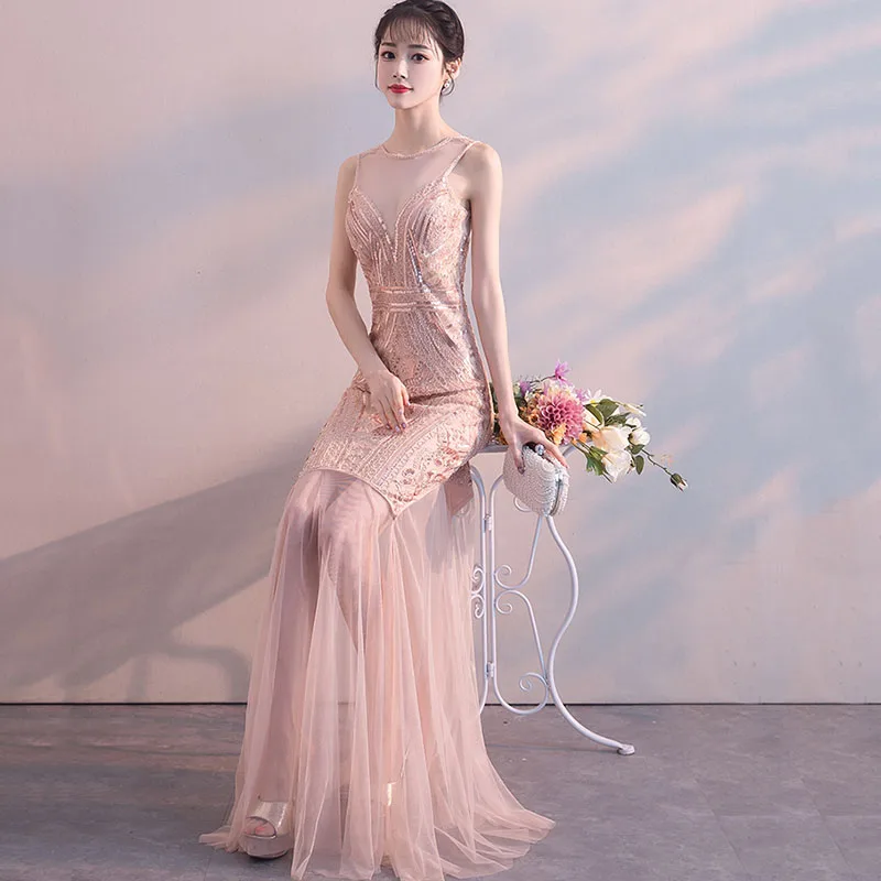 Новое летнее элегантное Сетчатое женское Ципао с открытой спиной без рукавов с круглым вырезом длиной до пола вечернее платье с блестками Bling Qipao