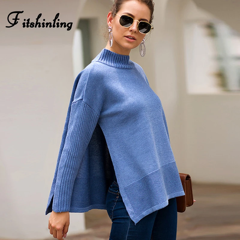 

Fitshinling Side Split Women's Turtleneck Sweaters Winter 2019 Fashion Solid Pullovers Korean Style Slim Long Sleeve Knit Jumper