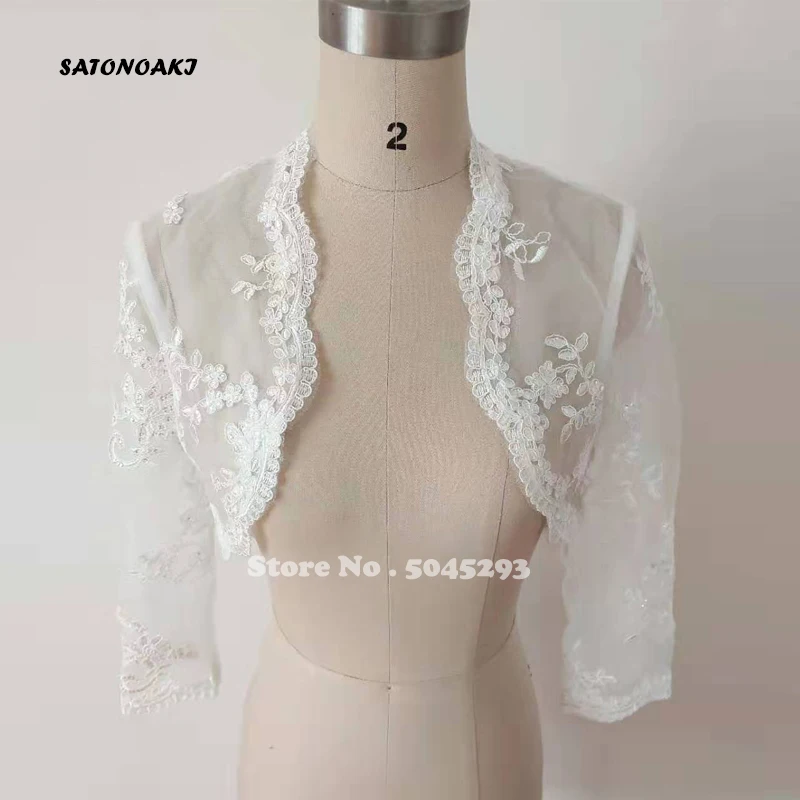 Слоновая кость SATONOAKI/Элегантные новые акции женщин/девочек 3/4 с длинными рукавами белые кружевные плечи Обрезанные болеро куртка Свадебные обертывания - Цвет: Слоновая кость