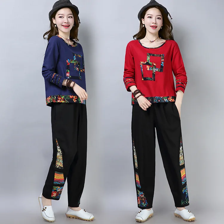

2019 Autumn Large Size Cotton Linen Set National Style Printed Retro Literature And Art Loose-Fit Long Sleeve Loose Pants