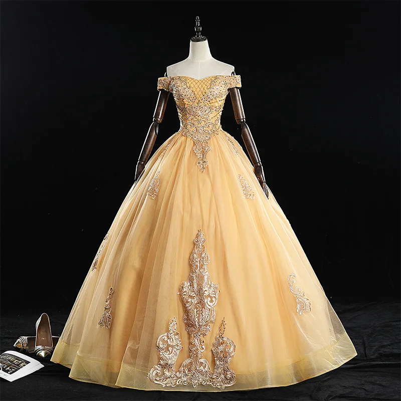 

Mrs Win Quinceanera Dresses 2020 Luxury Off The Shoulder Ball Gown Vintage Lace Embroudery Party Prom Quinceanera Dress