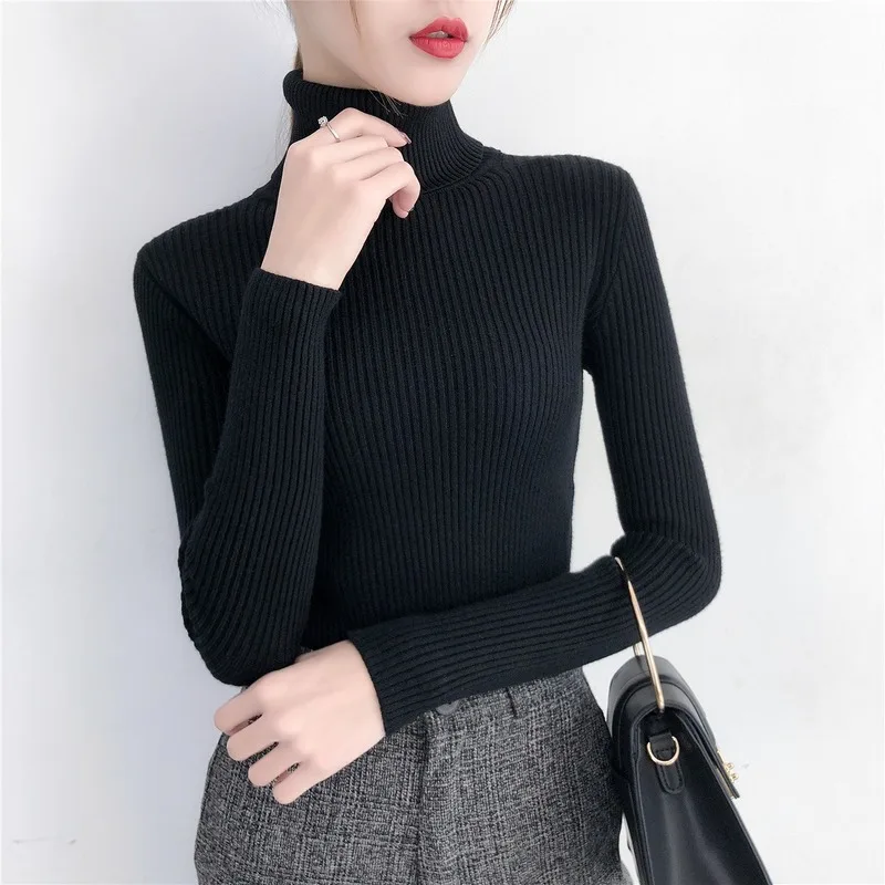 

Double Layer Long Sleeve Slim Women's Turtleneck White Black Cotton Pullover Women Korean Fall Winter Clothes Knitted Sweater