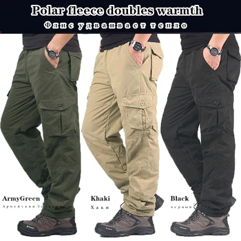 

Multi Pocket Fluffy Thick Trousers Winter Hiking Polar Fleece Doubling Warm Loose Soft Cargo Pants Men Tactical Camping Trekking