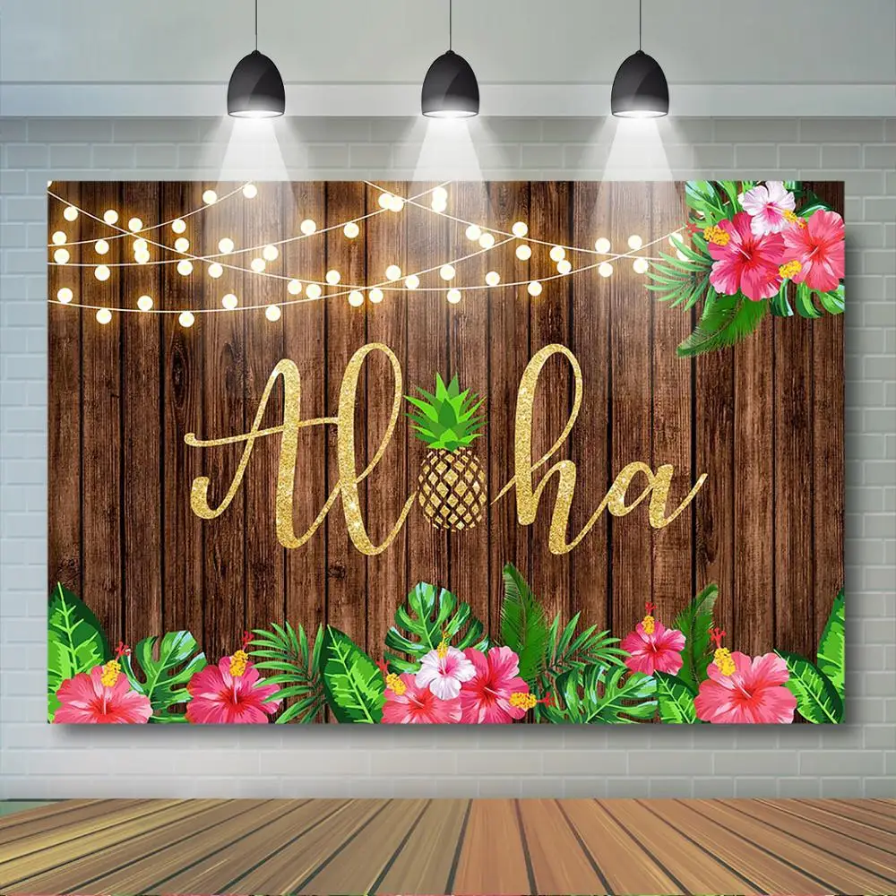 

Aloha Birthday Baby Shower Backdrop Hawaiian Pineapple Wood Background Girls Luau Birthday Party Decor Banner