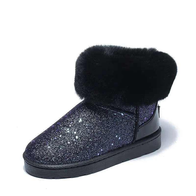 

2020 PU Snow Boots Women Shoes Warm Plush Fur Ankle Boots Winter Female Slip On Flat Woman Shoes Waterproof Booties Footwear New