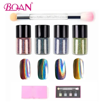 

BQAN 4 Colors Nail Holographic Laser Glitter Powder & Double-ended Sponge Brush Nail Art Set Rainbow Nail Foils Powder Glitter