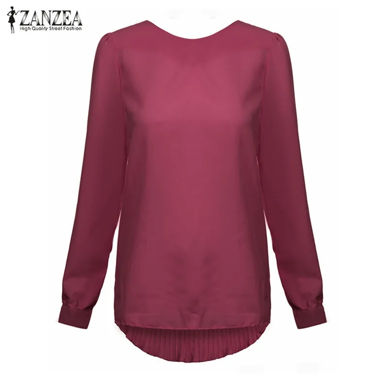 ZANZEA Осень Лето Женская блузка Топы офисные плиссированные рабочие Блузы туники рубашки с длинными рукавами плюс размер тройник уличная 5XL - Цвет: Wine Red