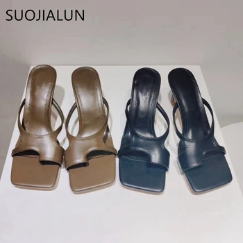 

SUOJIALUN High Quality Leather Women Slipper Brand Design Women Sandal Thin High Heel Open Toe Femme Fashion Slides Shoes