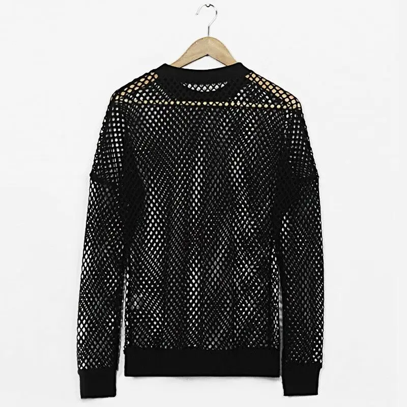남성용 할로우 긴팔 티셔츠, 그물 메쉬, 고딕 펑크 로커, 신축성 상의, 맞춤형 티셔츠