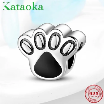 

925 Sterling Silver Cat paw print Black Enamel Animal Beads Fits Original Pandora Bracelet Bangle Authentic DIY Jewelry Gift