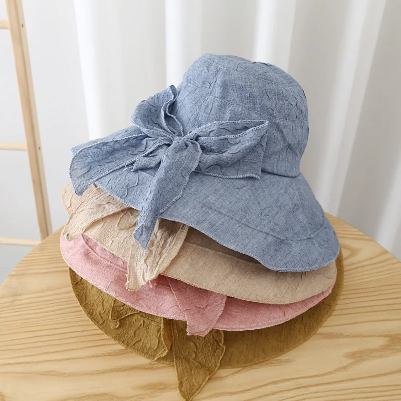 New Women Big Bow Sun Hat Wide Brim Summer Panama Hats For Women Fashion Beach Bucket Hat Female Shade Sun Caps