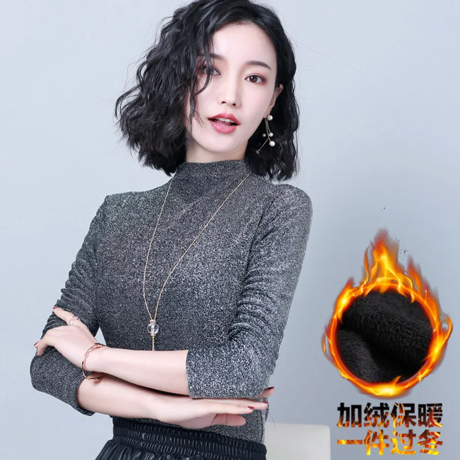 

Autumn And Winter Half-Turtle-Neck plus Velvet Base Shirt Women's Long-Sleeve T-shirt Korean-style Large Size Dress Liangsi Thic