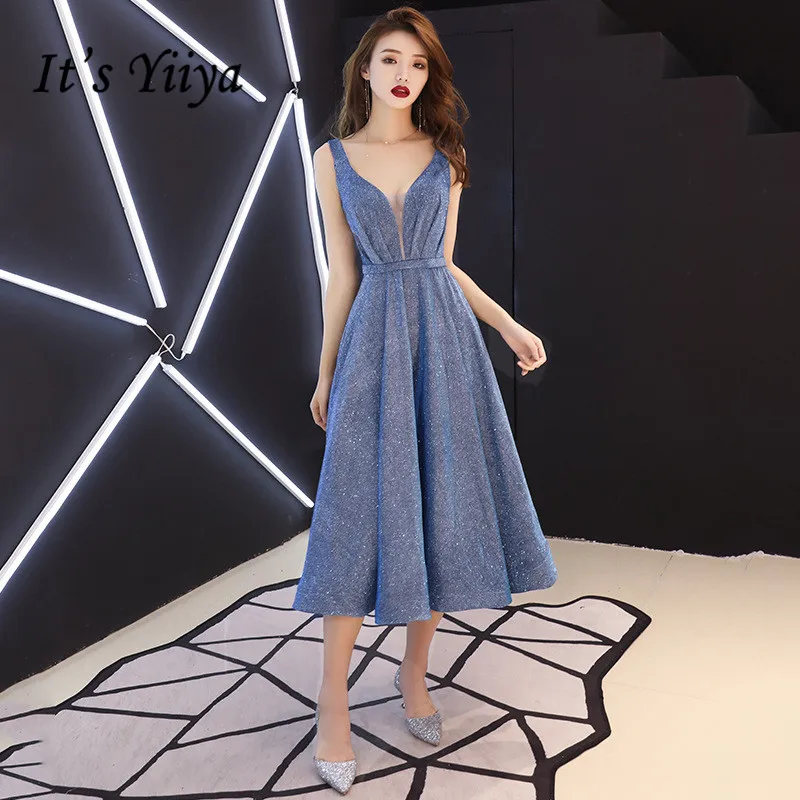 

Blue Prom Dresses It's Yiiya R250 Elegant Sleeveless V-neck Party Gowns For Women Sparkling A-line Tea Length Formal Vestidos