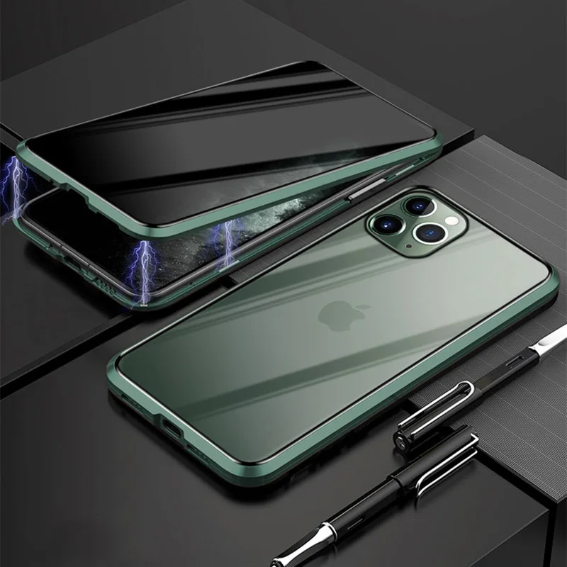 Металлический магнитный чехол для iphone X XR XS 11 pro max+ Магнитный чехол из закаленного стекла для iphone 8 7 6 6S plus - Цвет: Армейский зеленый