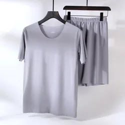 Men's Homewear Ice Silk Solid Color Thin Shirt Two-Piece Set Pyjamas Short-Sleeved Shorts Casual Sportswear Large Size Pajamas