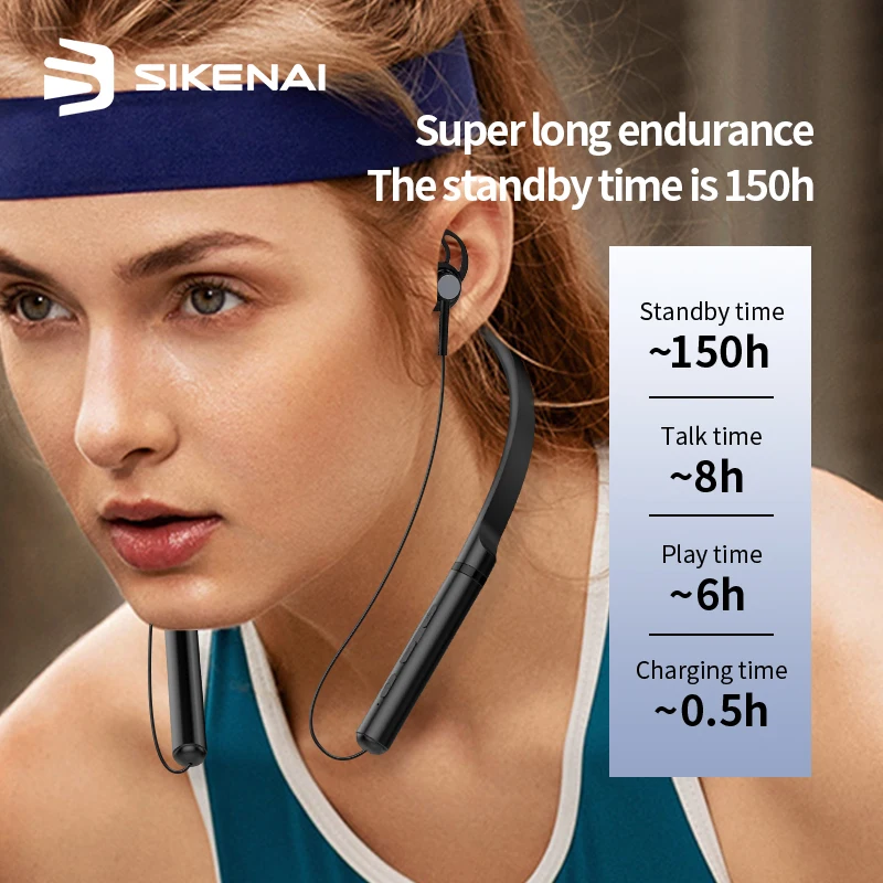 Sikenai Bluetooth5 0 Wireless Headset Magnetic Neckband Earphones IPX5 Waterproof Sport Earbud with Noise Cancelling Mi
