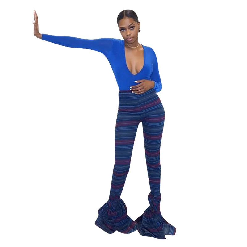 Красочные полосатые сексуальные расклешенные брюки для женщин с высокой талией обтягивающие расклешенные брюки уличная одежда размера плюс длинные спортивные штаны