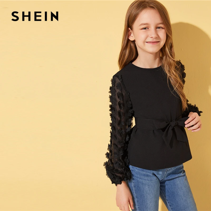 SHEIN Kiddie/черная однотонная блузка с аппликацией в сеточку, с рукавом «Бишоп», с поясом, детские топы, коллекция года, Осенние милые блузки на пуговицах сзади