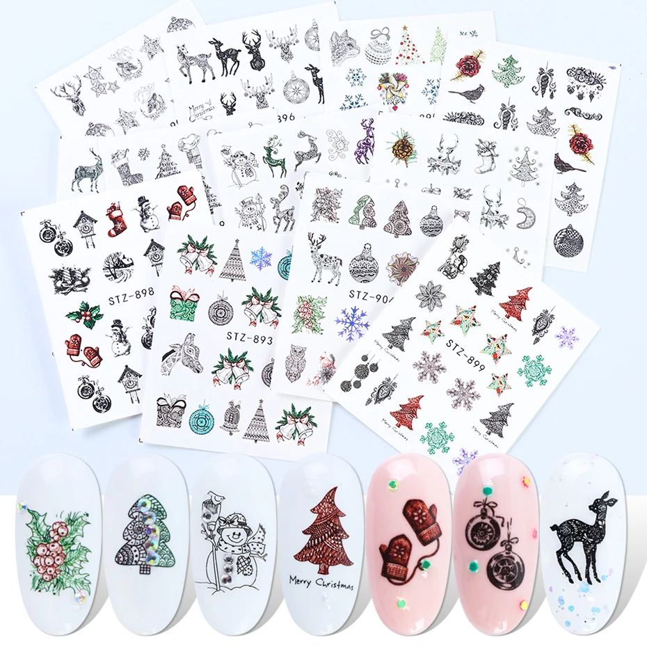 

12pcs Christmas Nail Stickers Set Line Drawing Painting Water Slider Nail Wrap Xmas Decals Art Decorations Polish BESTZ892-905-1