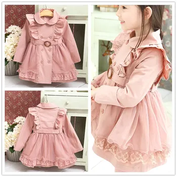 

Children Jackets Trench Coats For Girls Outwear Fashion Floral Lace Cotton Windbreaker With Belt Princess Sweet Solid Outfit