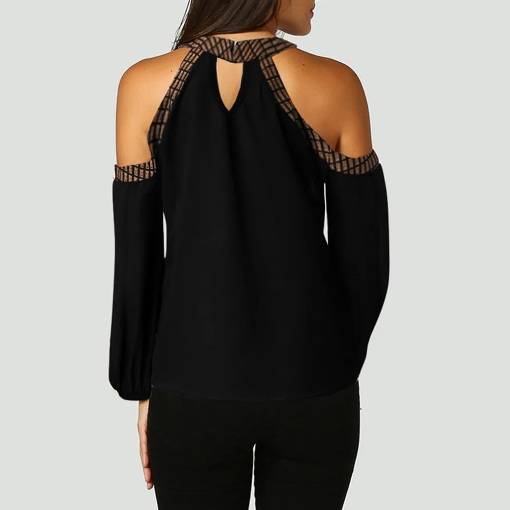 Горячая Мода размера плюс с принтом перьев женская блузка с открытыми плечами с длинным рукавом шифоновая рубашка с круглым вырезом шифоновая женская блузка S-5XL